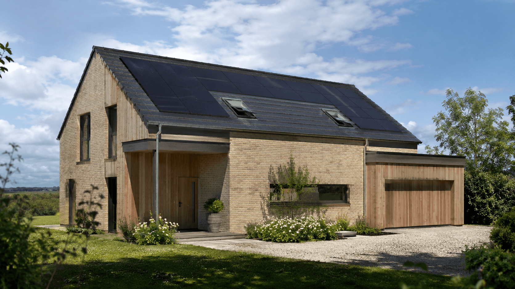 Photovoltaikanlage auf einem Einfamilienhaus in Anklam Modernes Landhaus aus Klinker und Holz in Anklam mit Photovoltaikanlage auf dem Satteldach