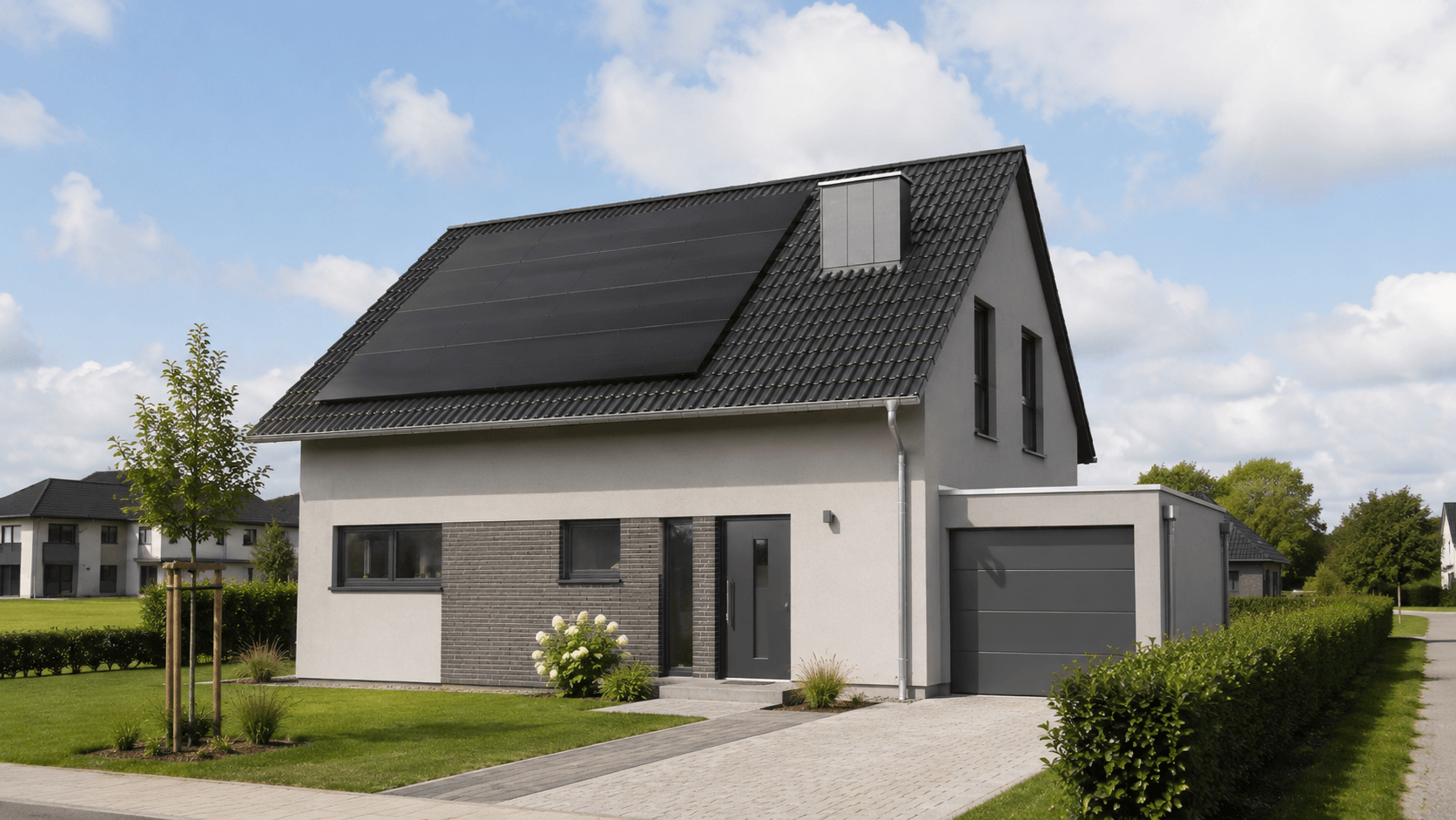 Photovoltaikanlage auf einem Einfamilienhaus in Neubrandenburg Modernes Einfamilienhaus mit Garage in Neubrandenburg mit Photovoltaikanlage auf dem Satteldach