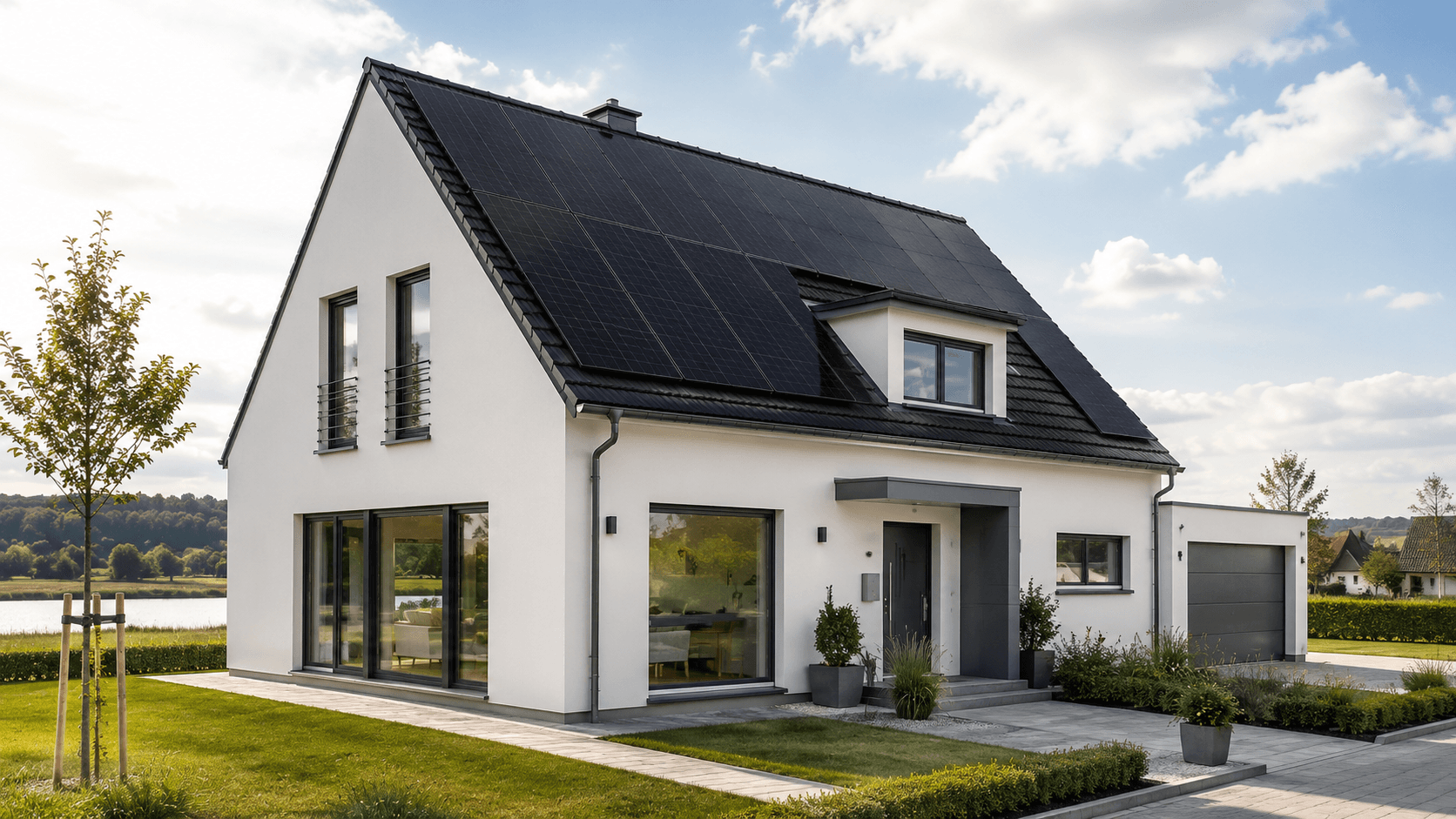 Photovoltaikanlage auf einem Einfamilienhaus in Wolgast Modernes Einfamilienhaus am Wasser in Wolgast mit Photovoltaikanlage auf dem Satteldach